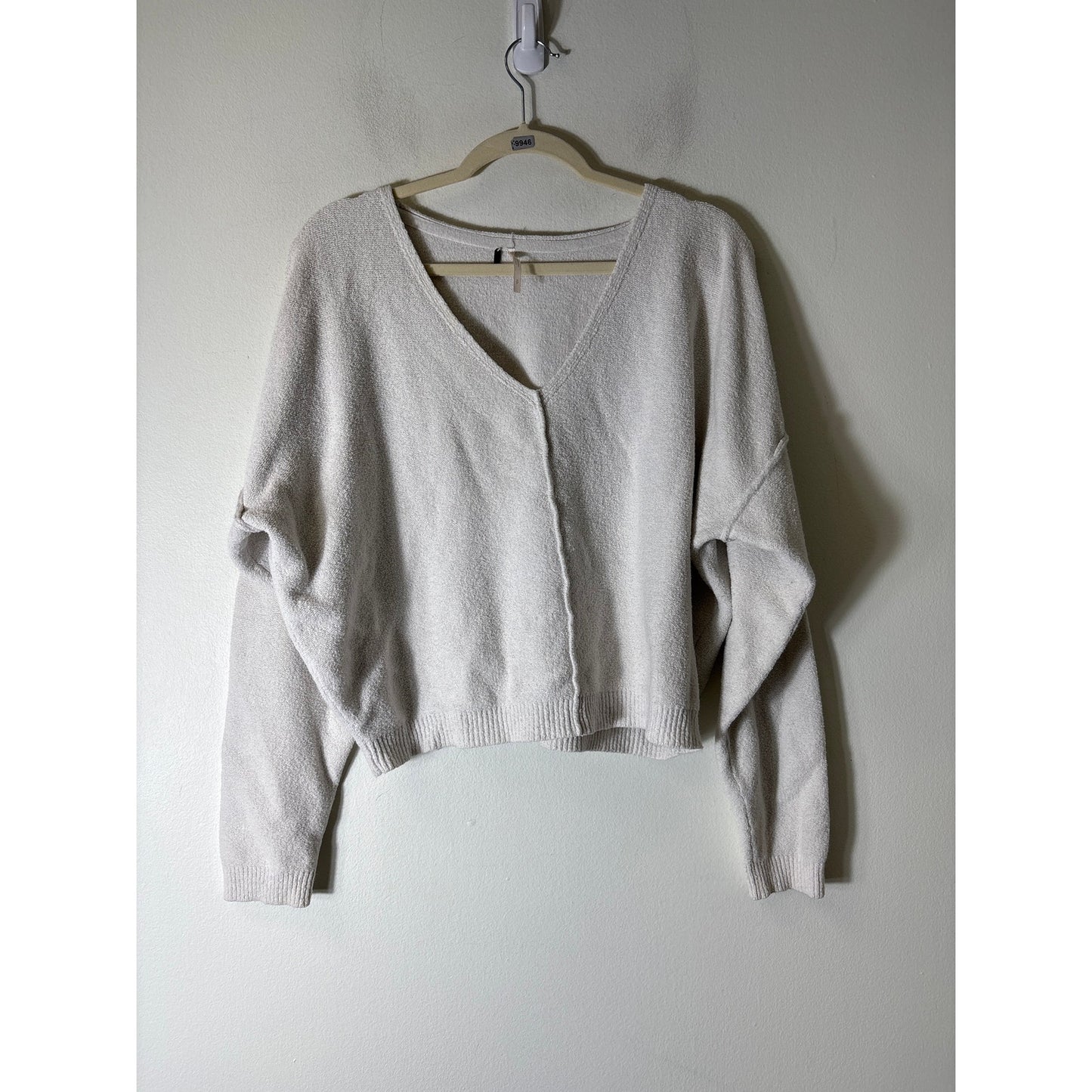 Free People White V Neck Long Sleeve Cropped Sweater Sz S