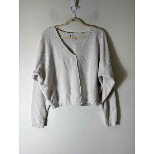 Free People White V Neck Long Sleeve Cropped Sweater Sz S