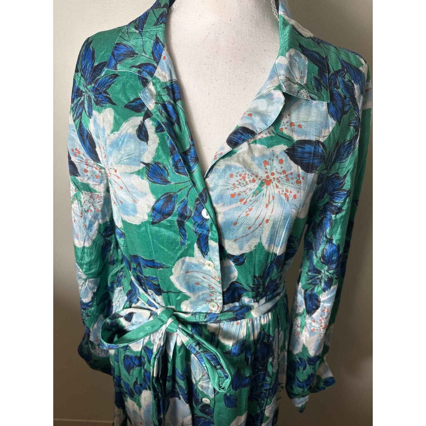Roller Rabbit Green and Blue Floral Long Sleeve Maxi Dress Sz XS