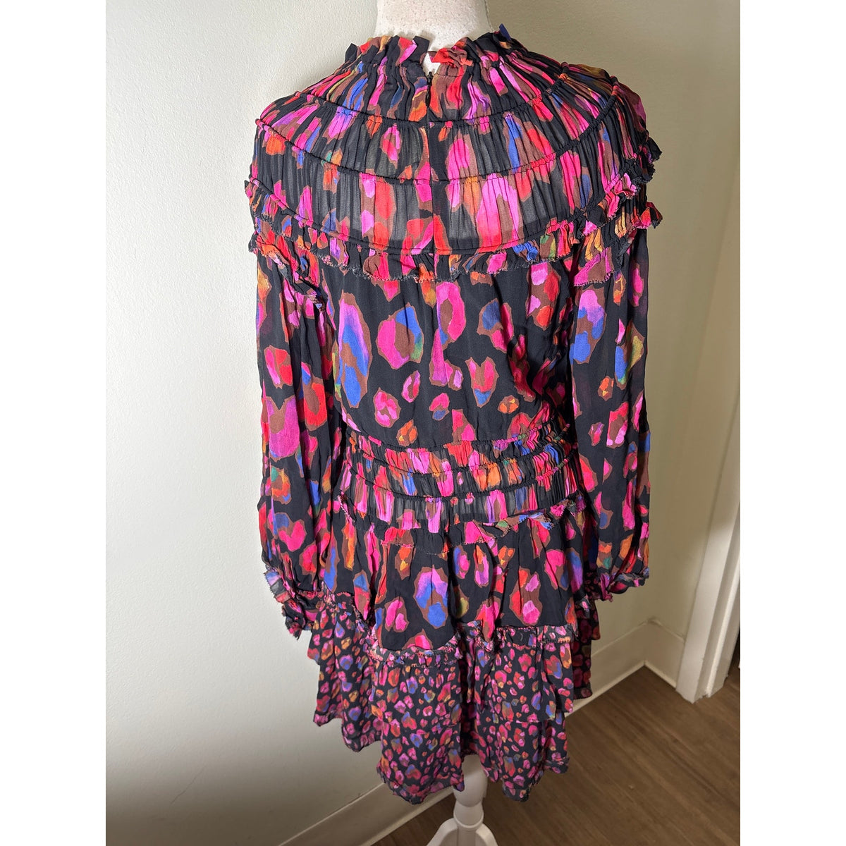 Farm Rio Black and Pink Long Sleeve Tiered Mini Dress Sz S