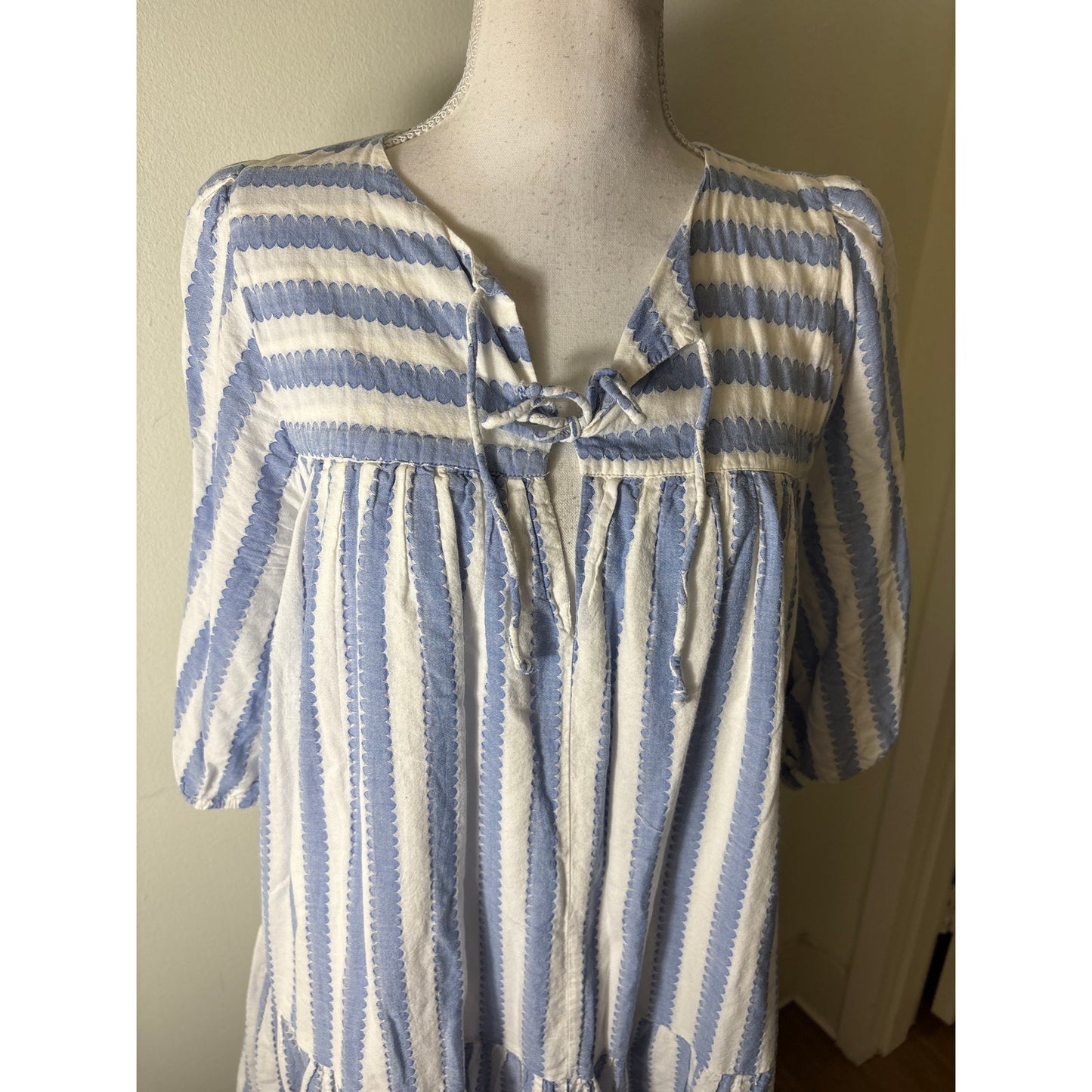 India Collection by Emerson Fry Blue and White Drop Waist Tiered Dress Sz M/L