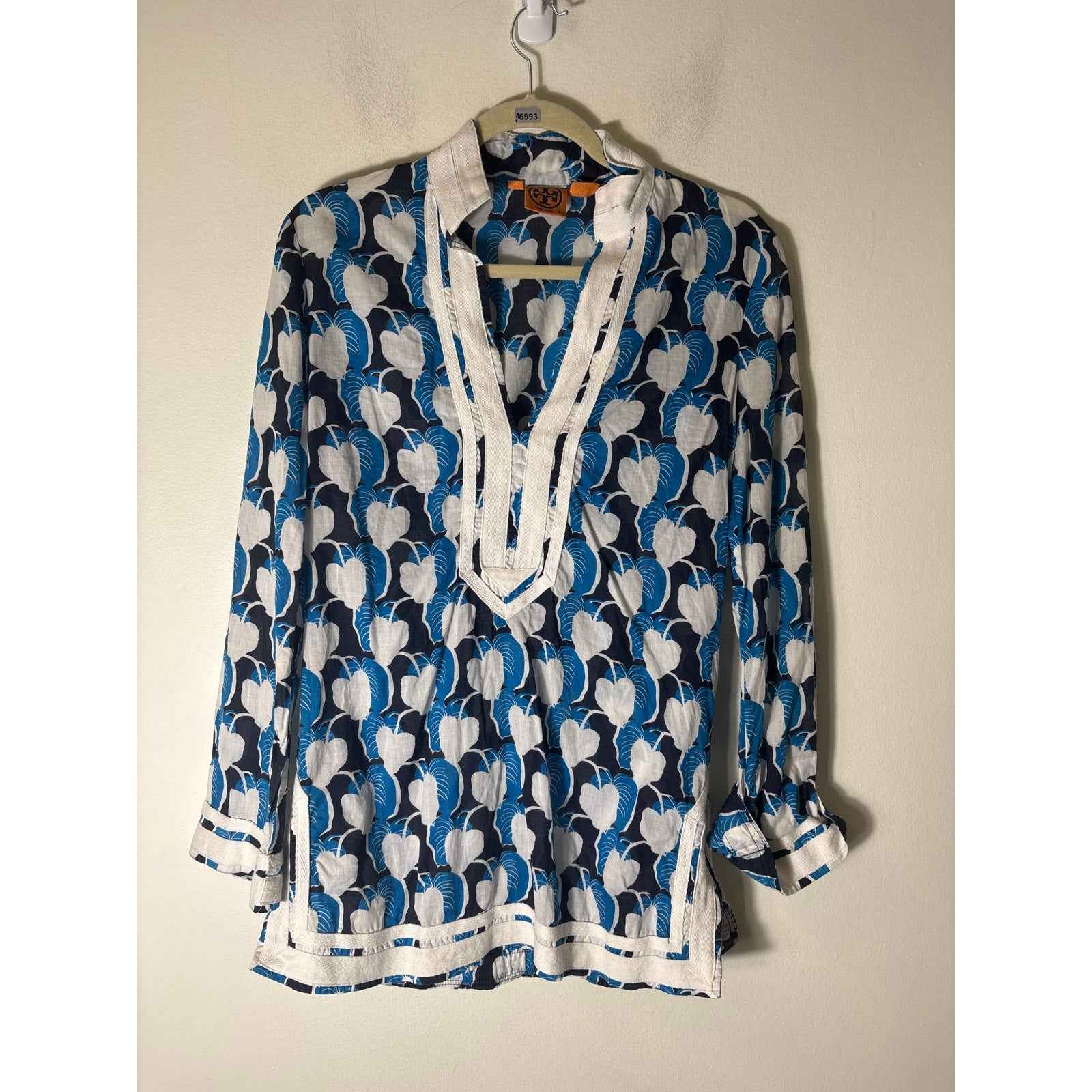 Tory Burch Blue Black Leaf Print Long Sleeve Cotton Tunic Sz 4