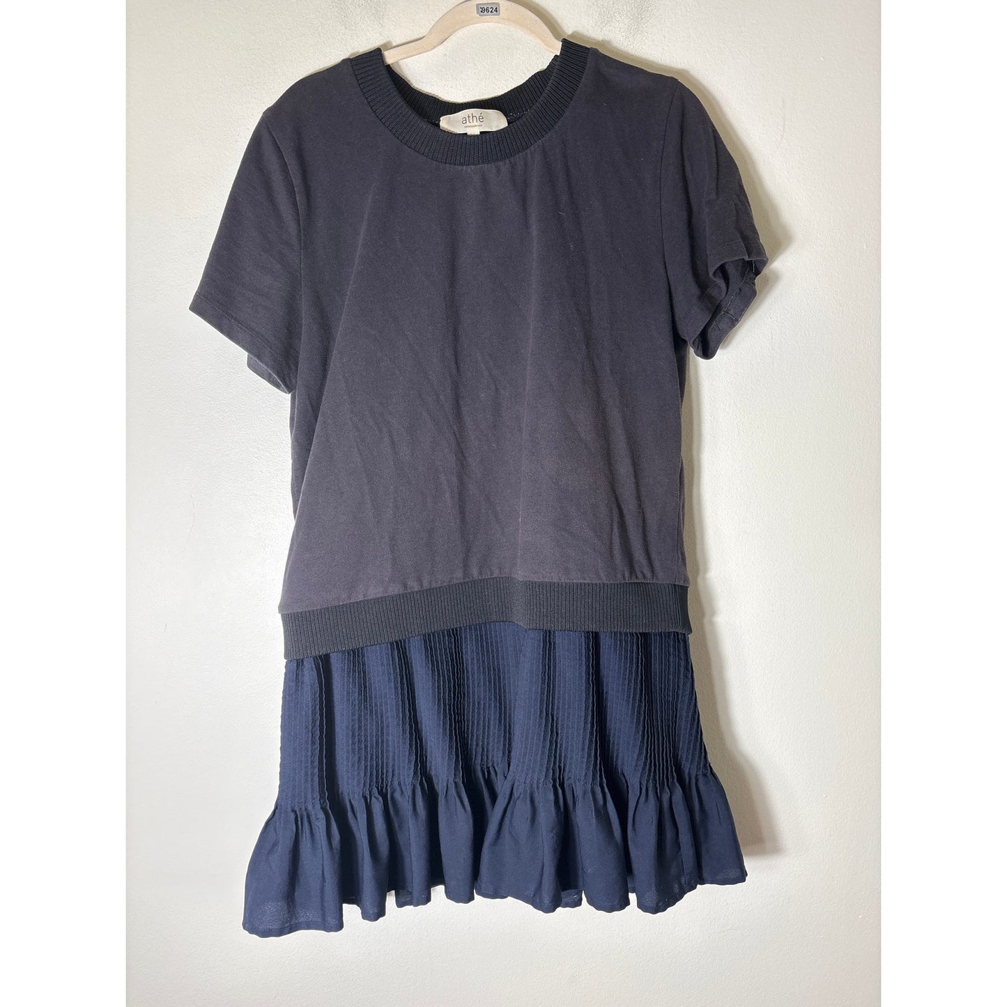 Athe Black Navy Mixed Media Short Sleeve Knee Length Dress Sz 36