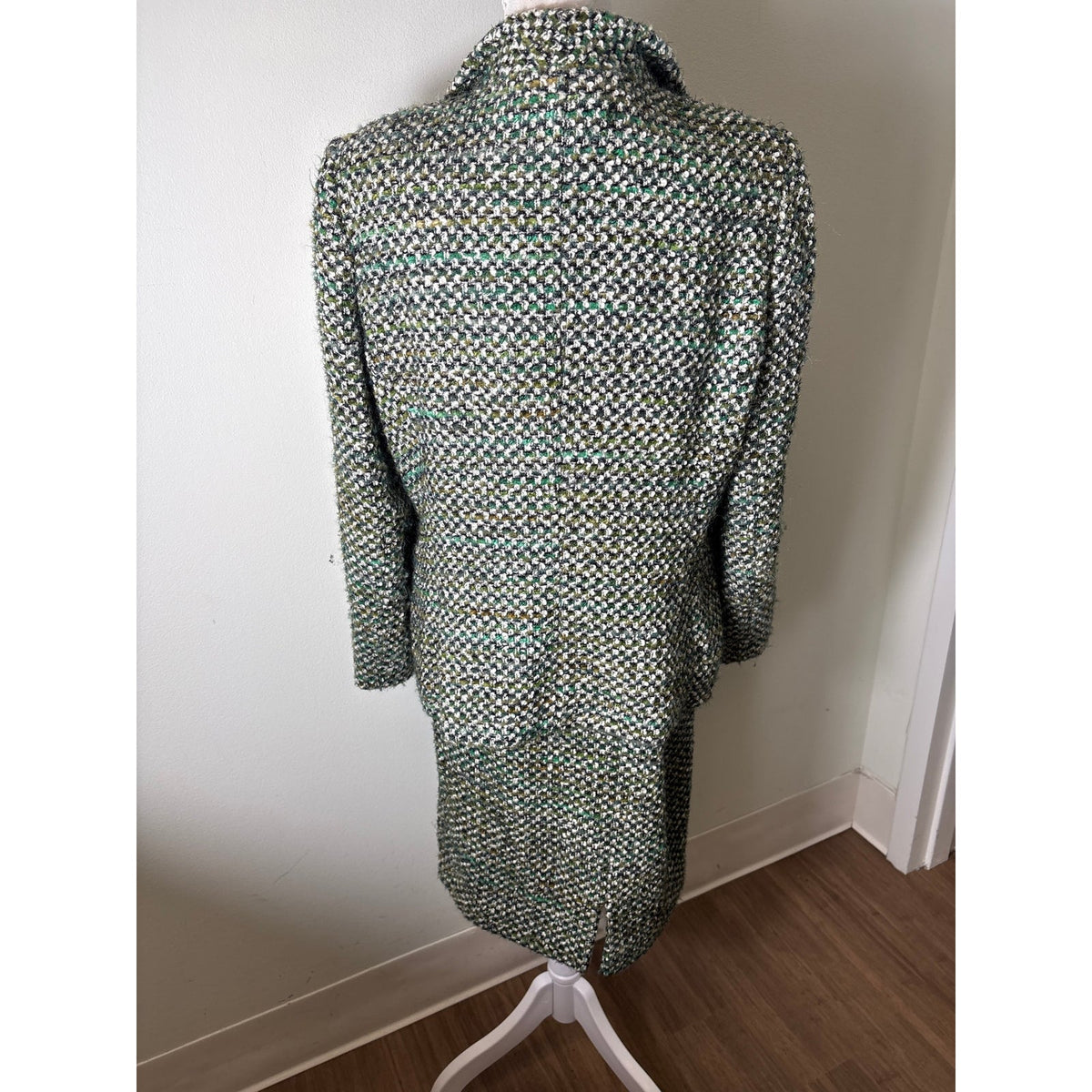 Lafayette 148 Green Tweed Long Sleeve ONe Button Blazer and Skirt Set Sz 14