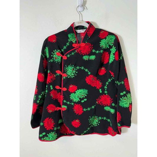 Loon Feng Printed Red and Green Flower Mandarin Jacket with Collar Sz L