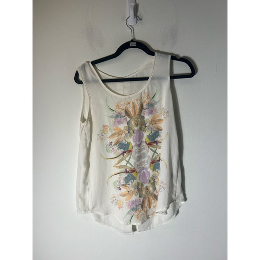 No Brand White Floral Sleeveless Tank Top Sz S