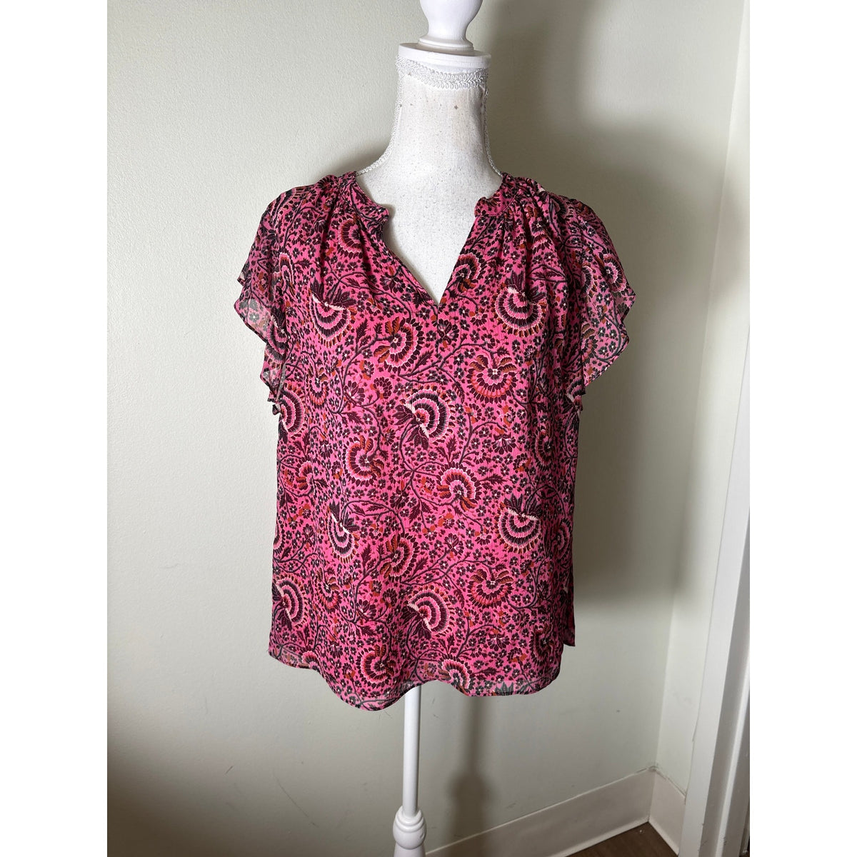 A.L.C Pink Floral Flutter Sleeve Blouse Sz 4