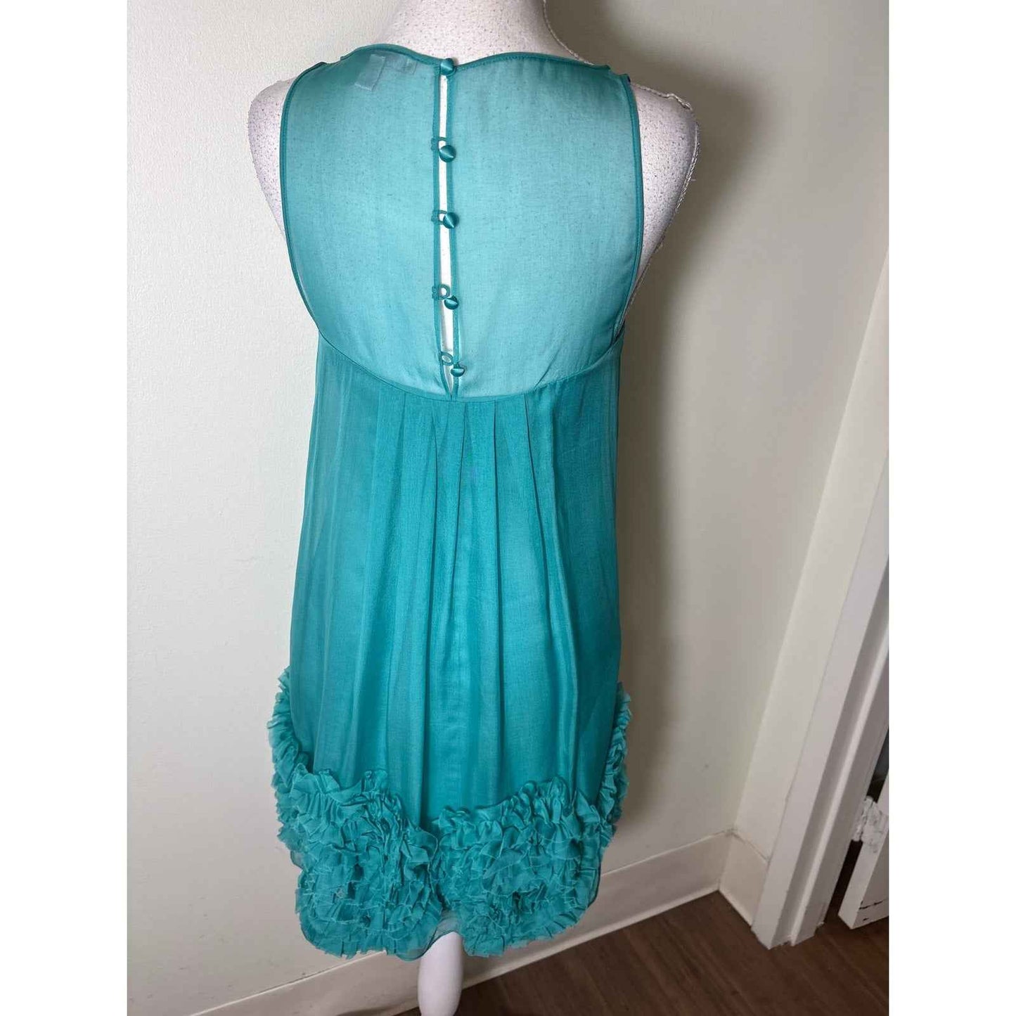 Rebecca Taylor Teal Green Silk Ruffle Hem Mini Dress Sz 2