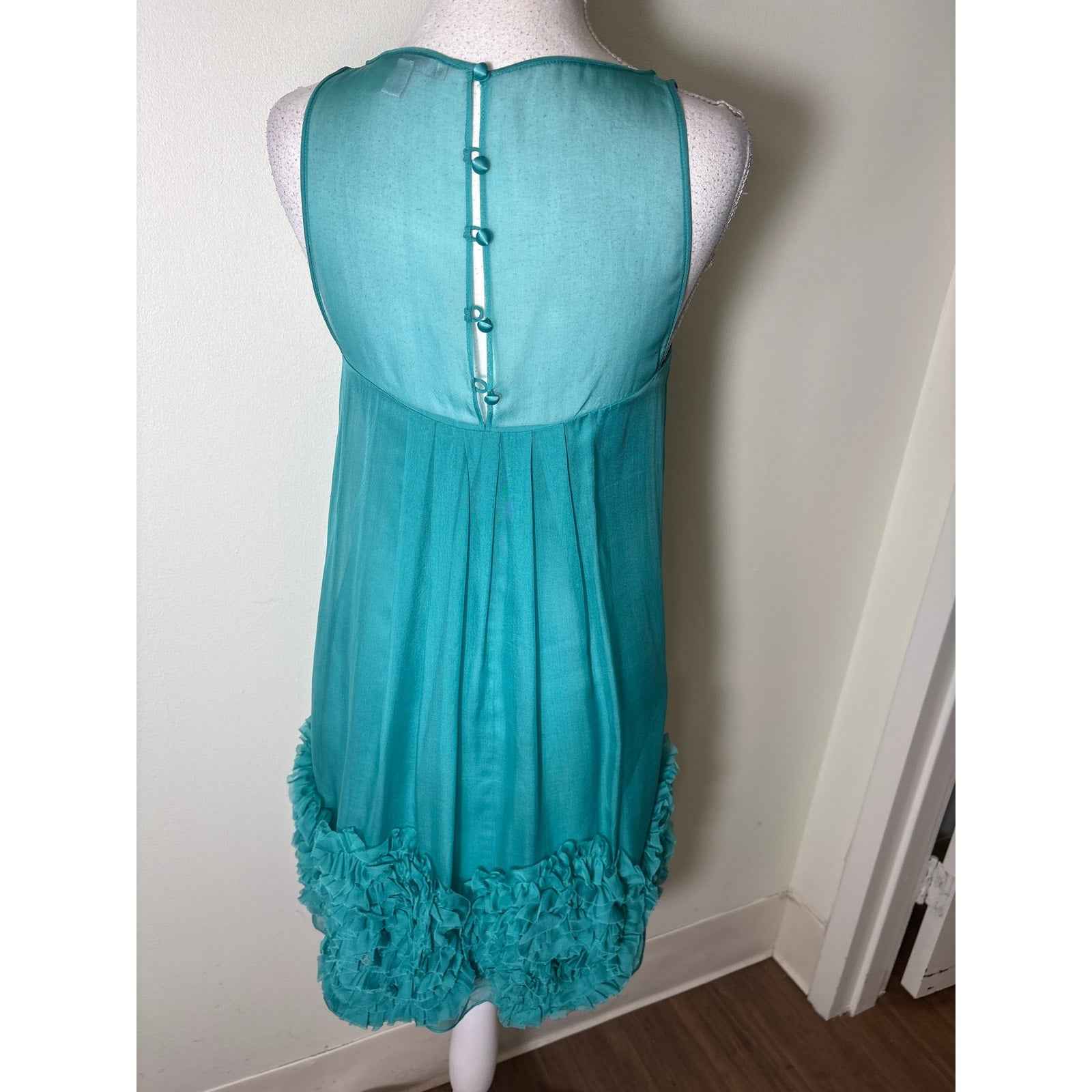 Rebecca Taylor Teal Green Silk Ruffle Hem Mini Dress Sz 2