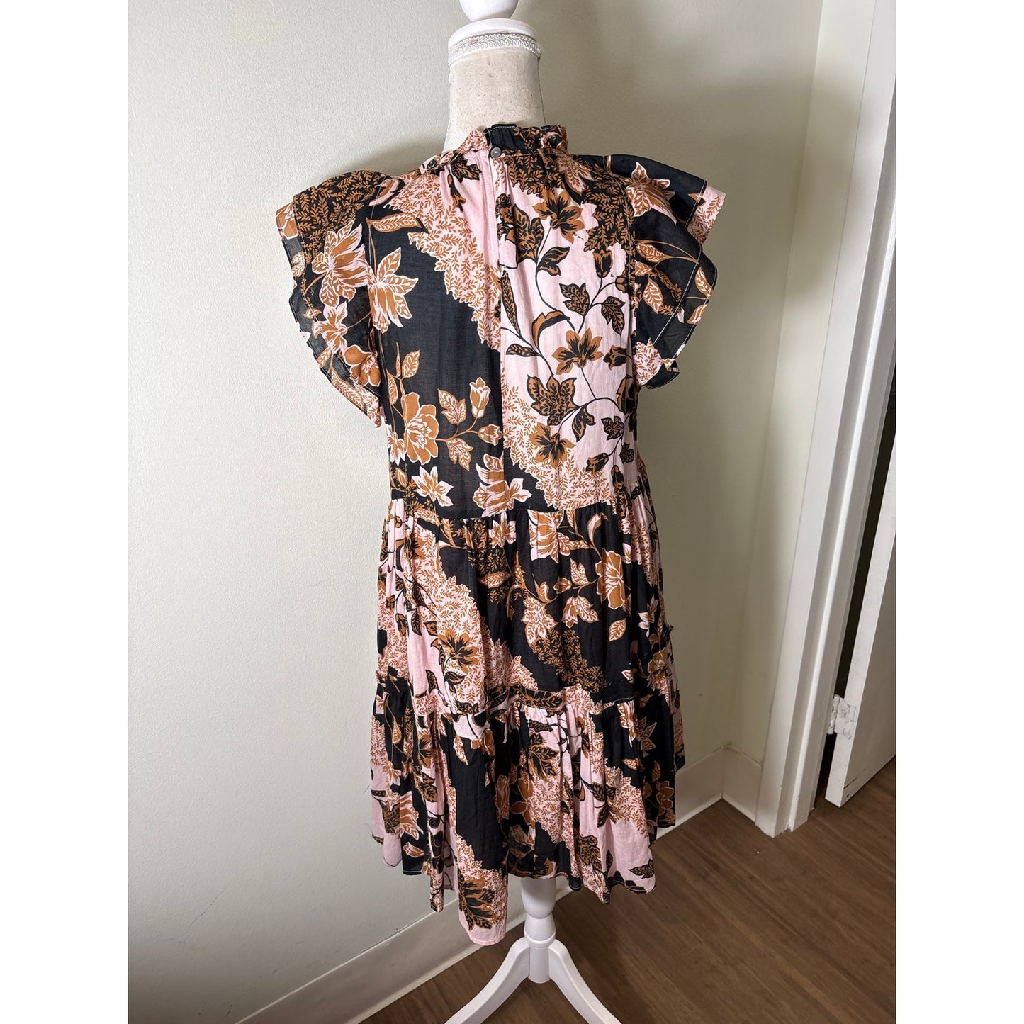 Karlie Pink Brown & Black Floral Flutter Sleeve Tiered Dress Sz L