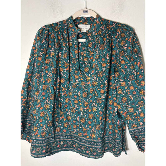 Travota Green and Orange Batik Print Cotton Shirt sz XS