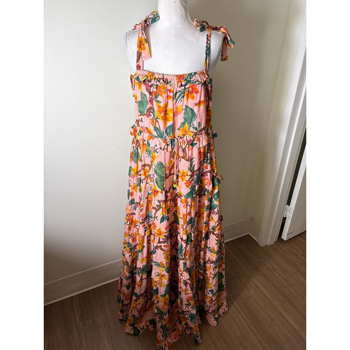 Farm Rio Pink Floral Tiered Cotton Maxi Dress Sz M