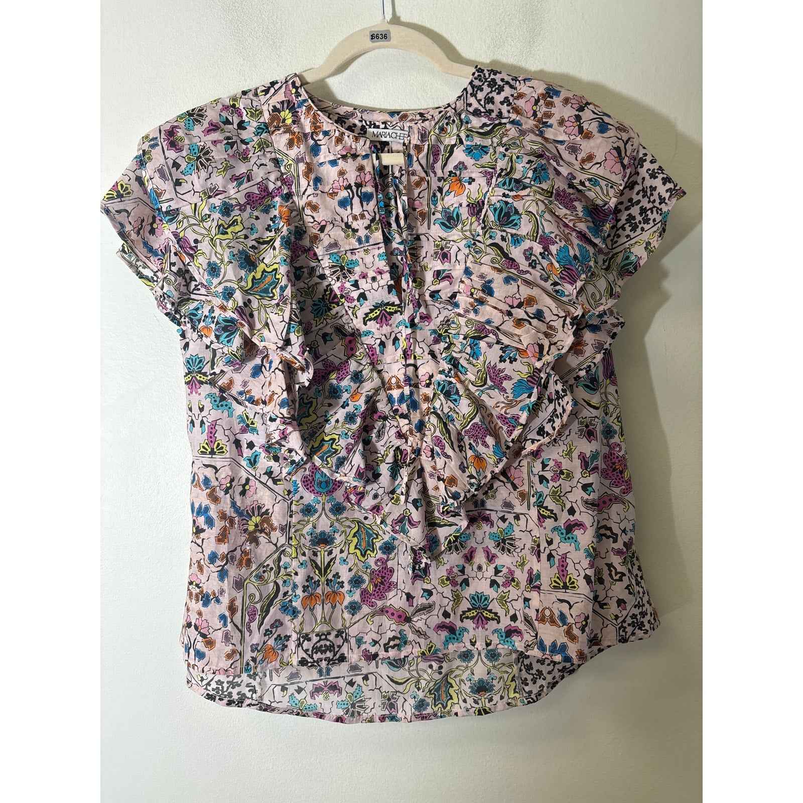 Mariacher Light Pink Print Flutter Sleeve Ruffle V-Neck Sz S