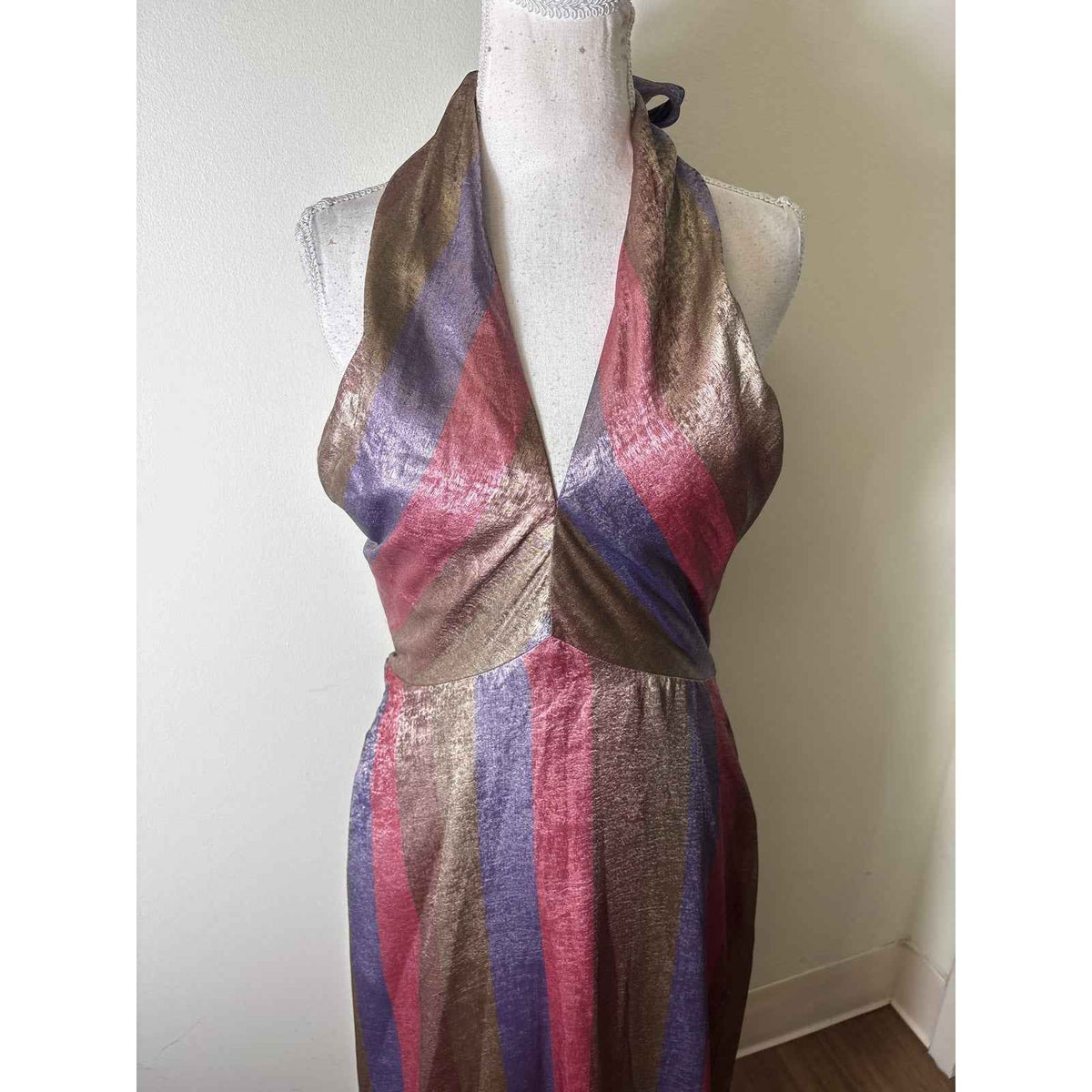Mestiza Shimmery Pink and Purple Striped Halter Gown Sz 6