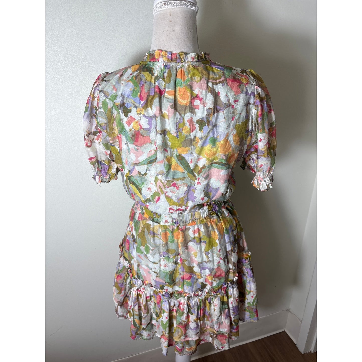 Meet Me In Santorina Pastel Floral Short Puff Sleeve Faux Wrap Mini Dress Sz S