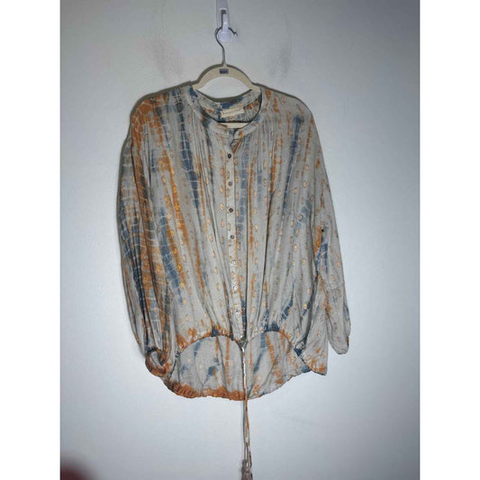 Lovestitch Blue Yellow Tie Dye w/ Gold Detailing Long Sleeves Button Up Top Sz S