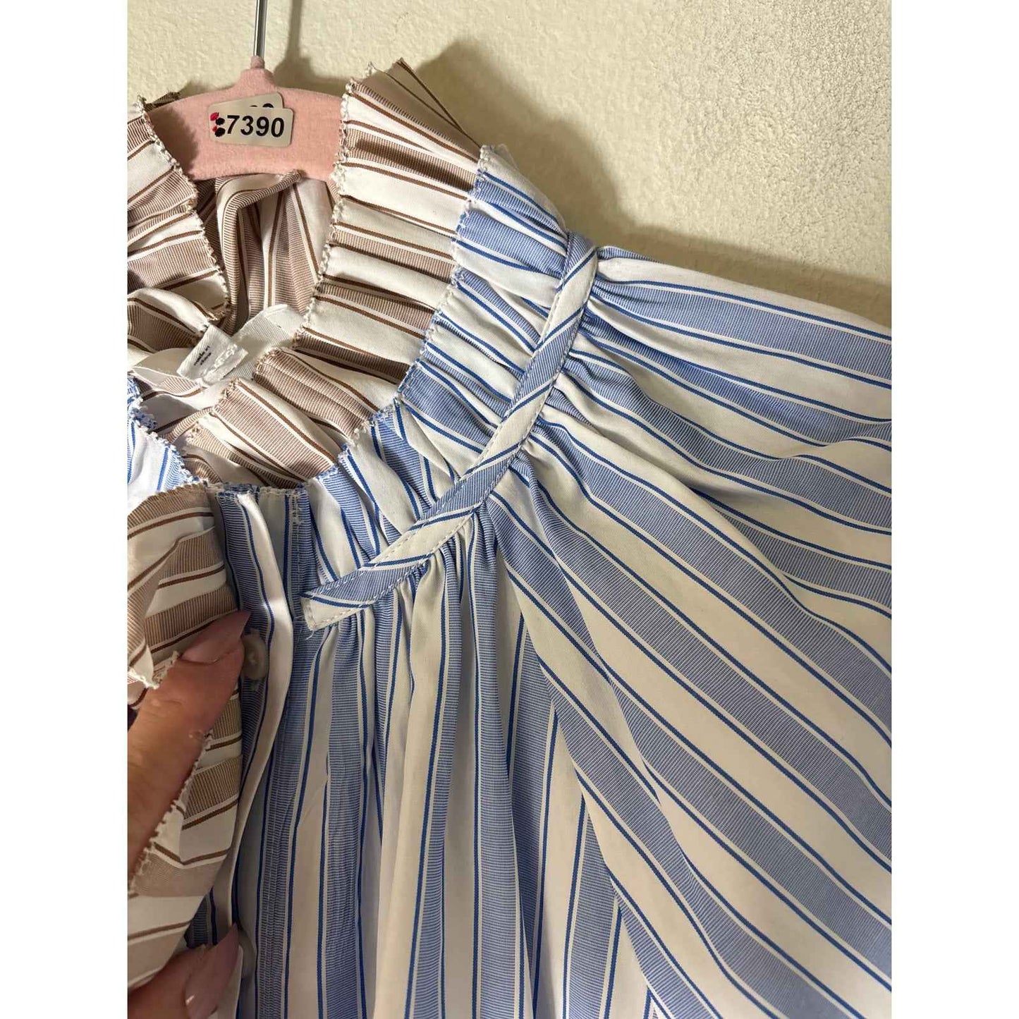Sundays Blue Tan Stripe Cap Sleeve Button Up Ruffled High Collar Sz S