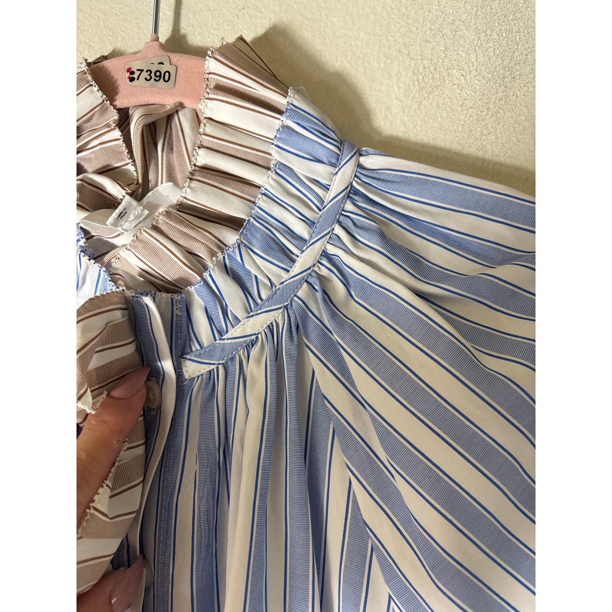 Sundays Blue Tan Stripe Cap Sleeve Button Up Ruffled High Collar Sz S