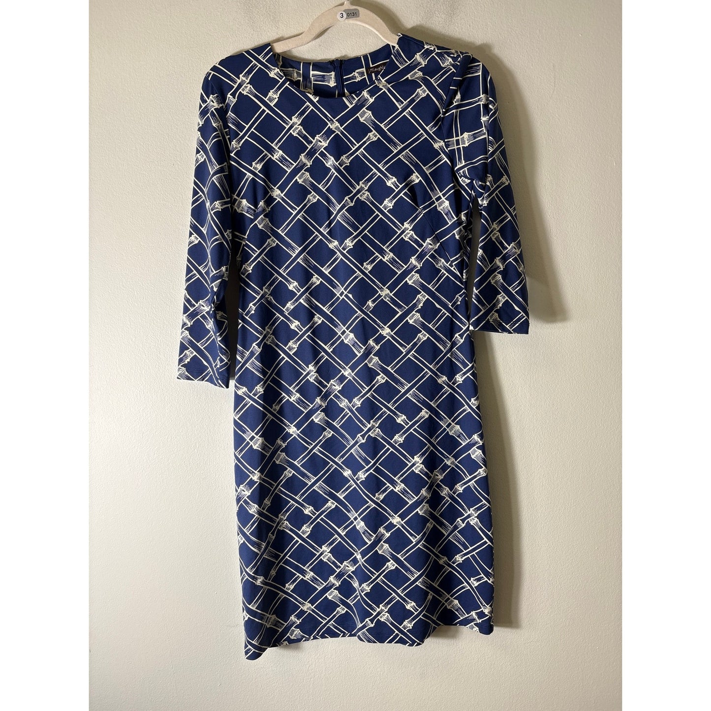 J. McLaughlin Navy White 3/4 Sleeve Knee Length Button Up Dress Sz XS