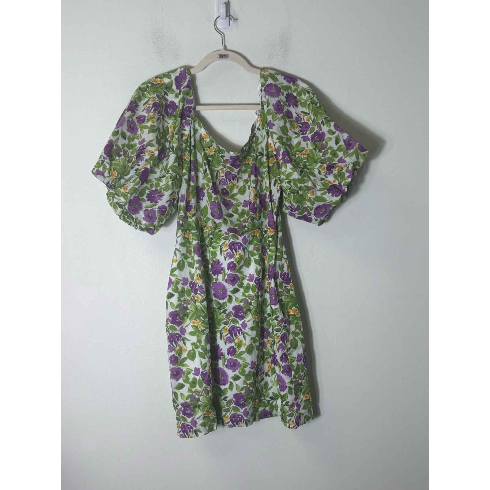 Milk and Honey Green and Purple Floral 1/2 Balloon Sleeve Cotton Dress Sz L