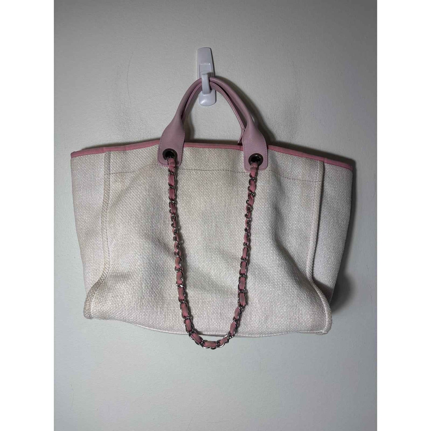 Chanel Deauville Shopping Tote Light Pink Raffia and Canvas Silver Hardware