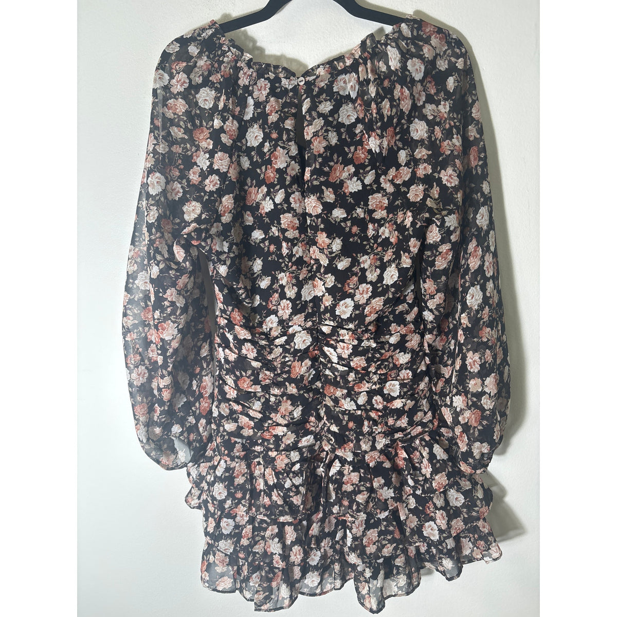 NWT Fab'rik Black Pink Eshe Floral Long Sleeve Ruched Dress Sz S