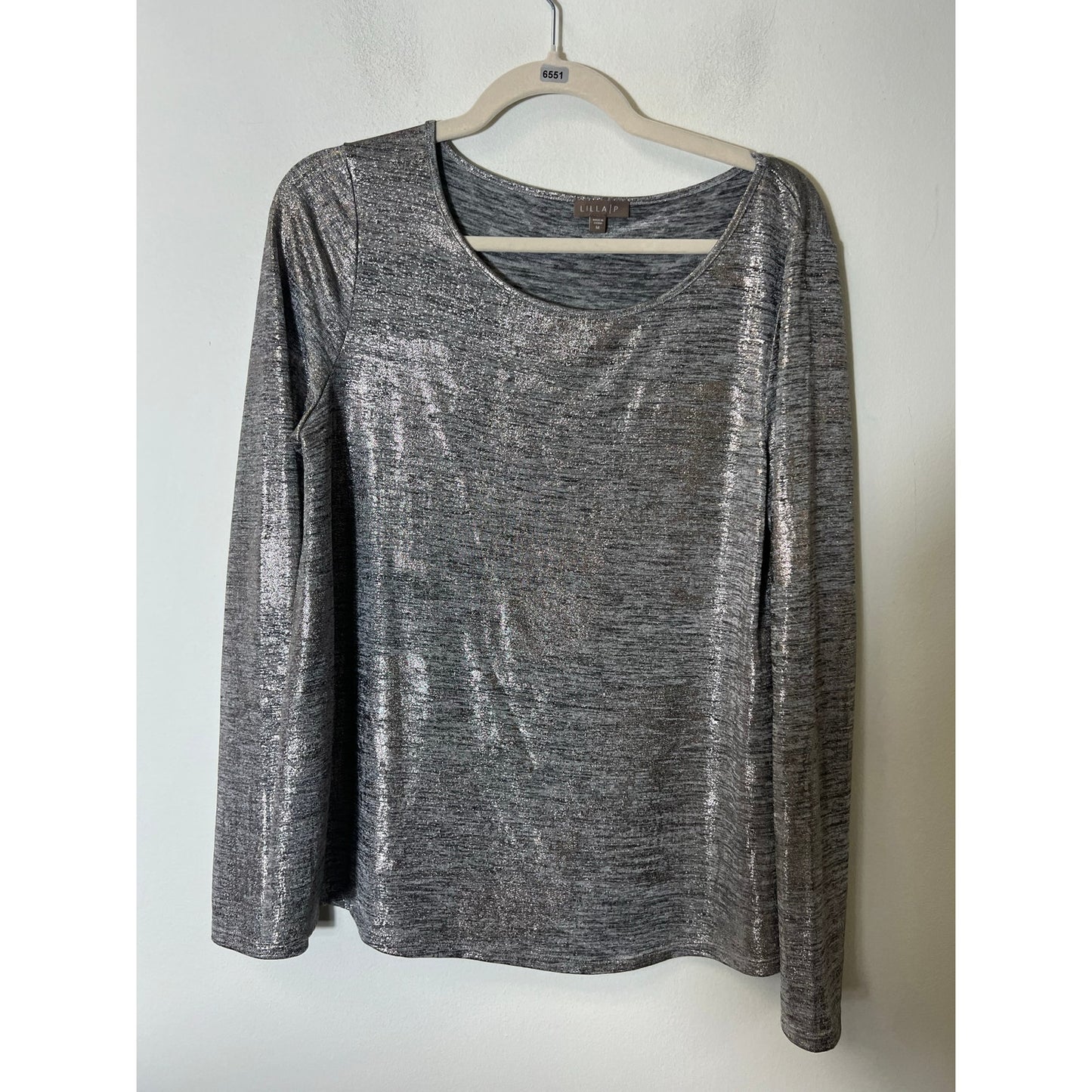 Lilla P Metallic Silver Long Sleeve Shirt Sz M