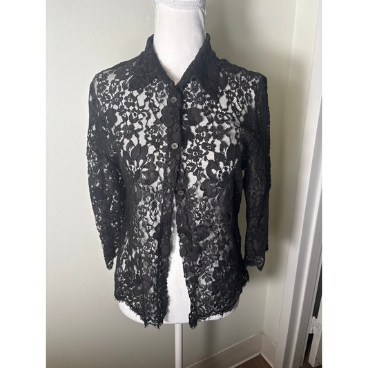 Burberry Black Lace 3/4 SLeeve Top Sz UK14