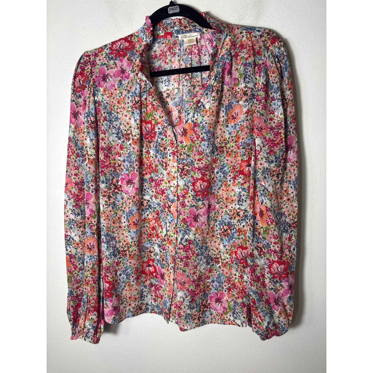 Shoshanna Pink Floral Long Puff Sleeve Button Up Top Sz L