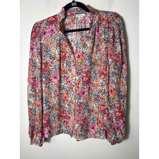 Shoshanna Pink Floral Long Puff Sleeve Button Up Top Sz L