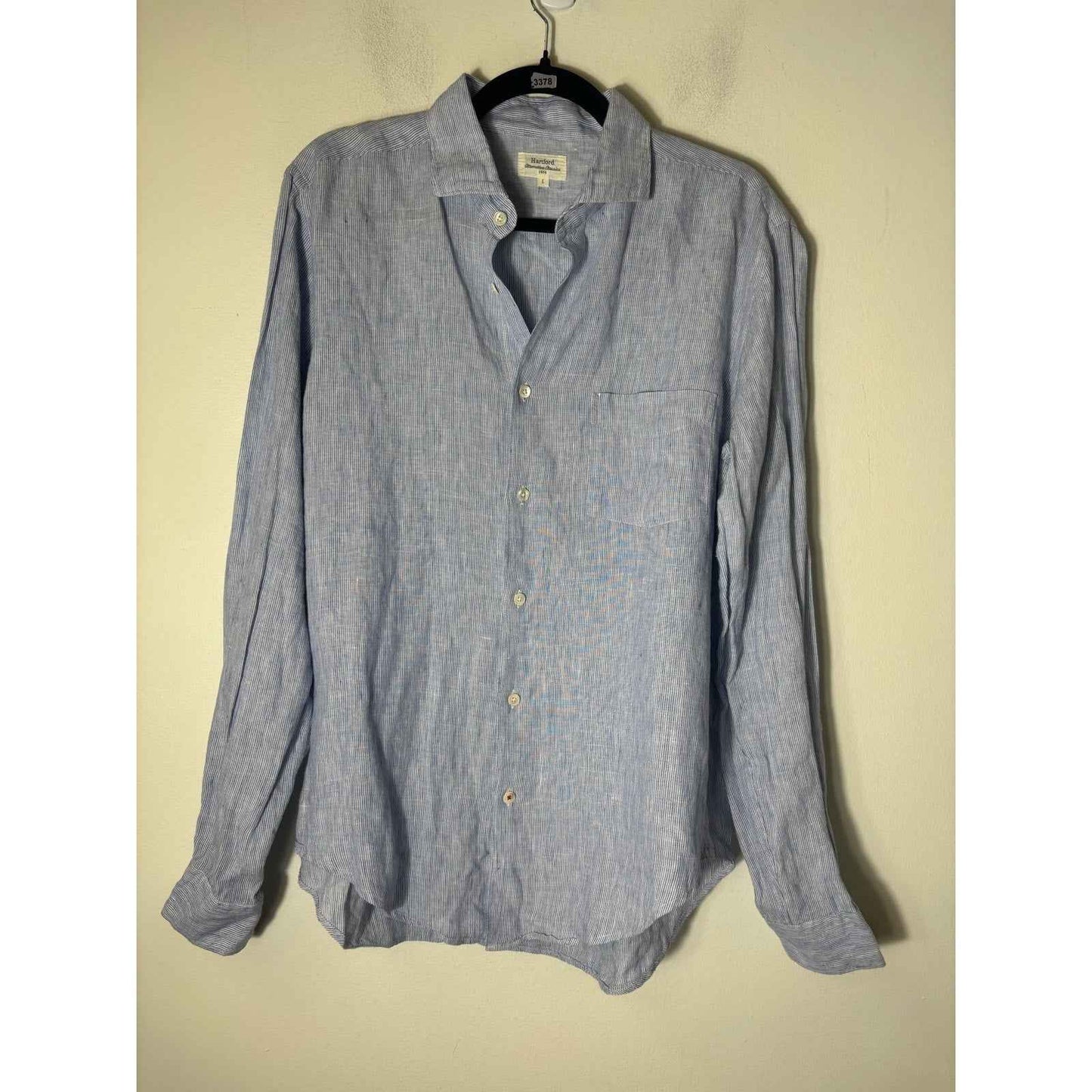 Men's Hartford Blue and White Linen Long Sleeve Button Down Sz L