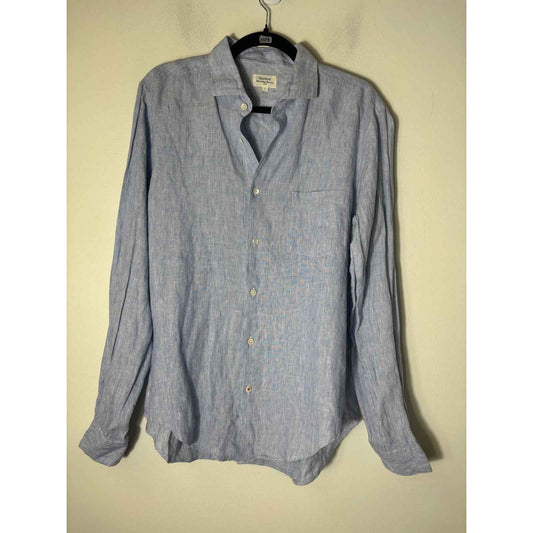 Men's Hartford Blue and White Linen Long Sleeve Button Down Sz L
