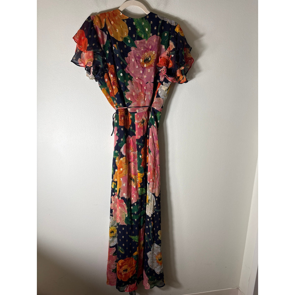 Hope & Ivy Navy Blue Gold Floral Flutter Sleeve Wrap Dress Sz 10