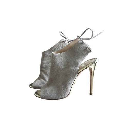 M.Gemi Suede Peep Toe Gold Heels Sz 38 (7.5)