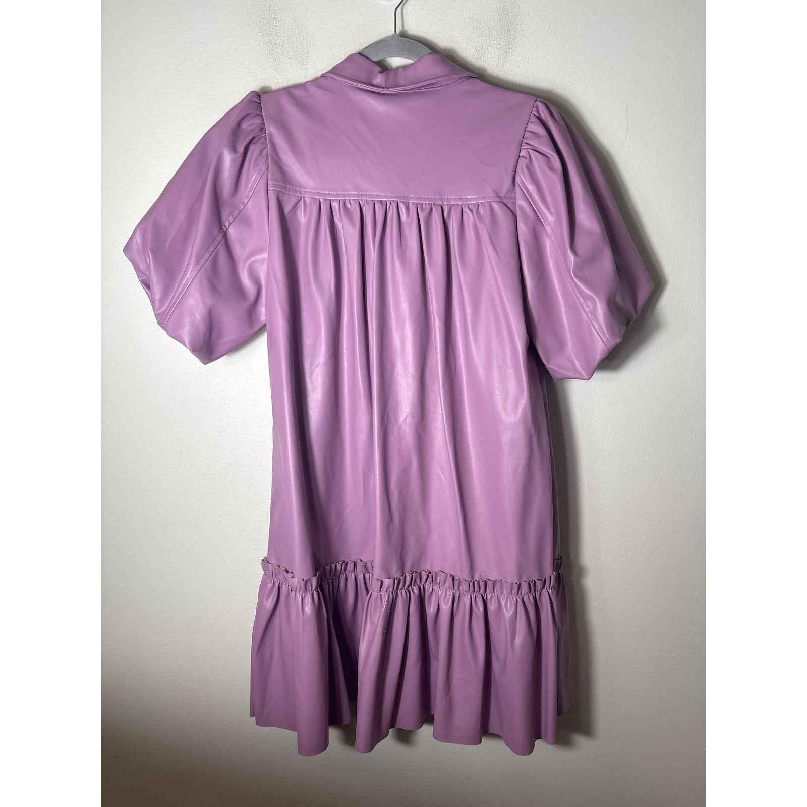 Karlie Lavender Short Puff Sleeve Pleather Snap Up Mini Dress Sz M