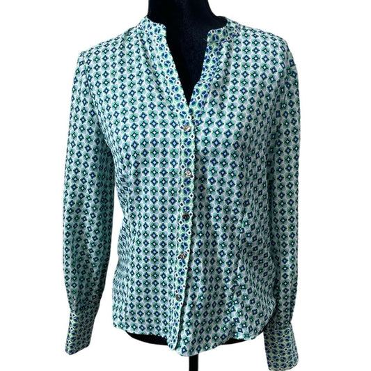 Carolina Belle Montreal Green and Blue Printed Button Down Blouse Sz S