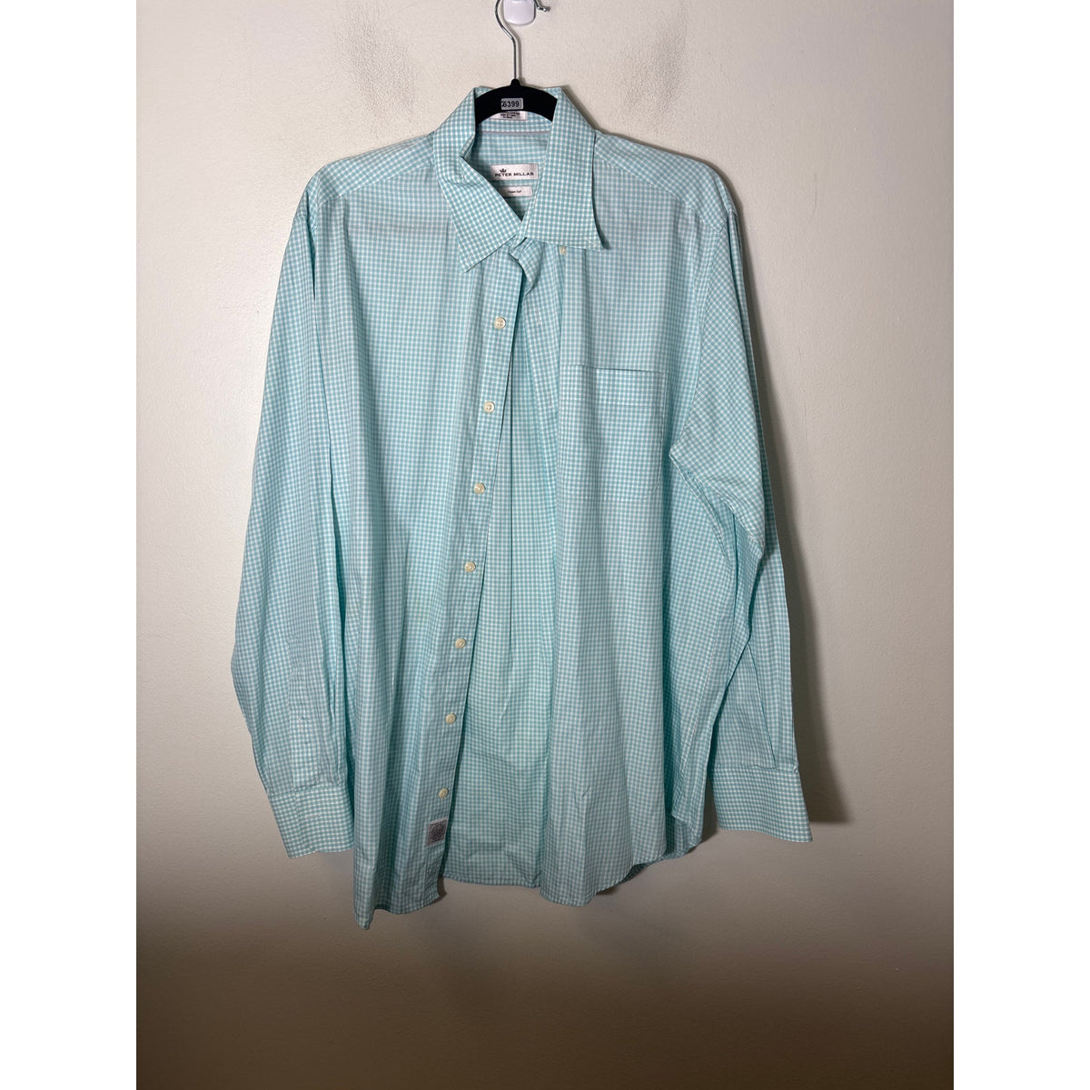 Men's Peter Millar Teal Green and White Check Long Sleeve Button Down Shirt Sz L