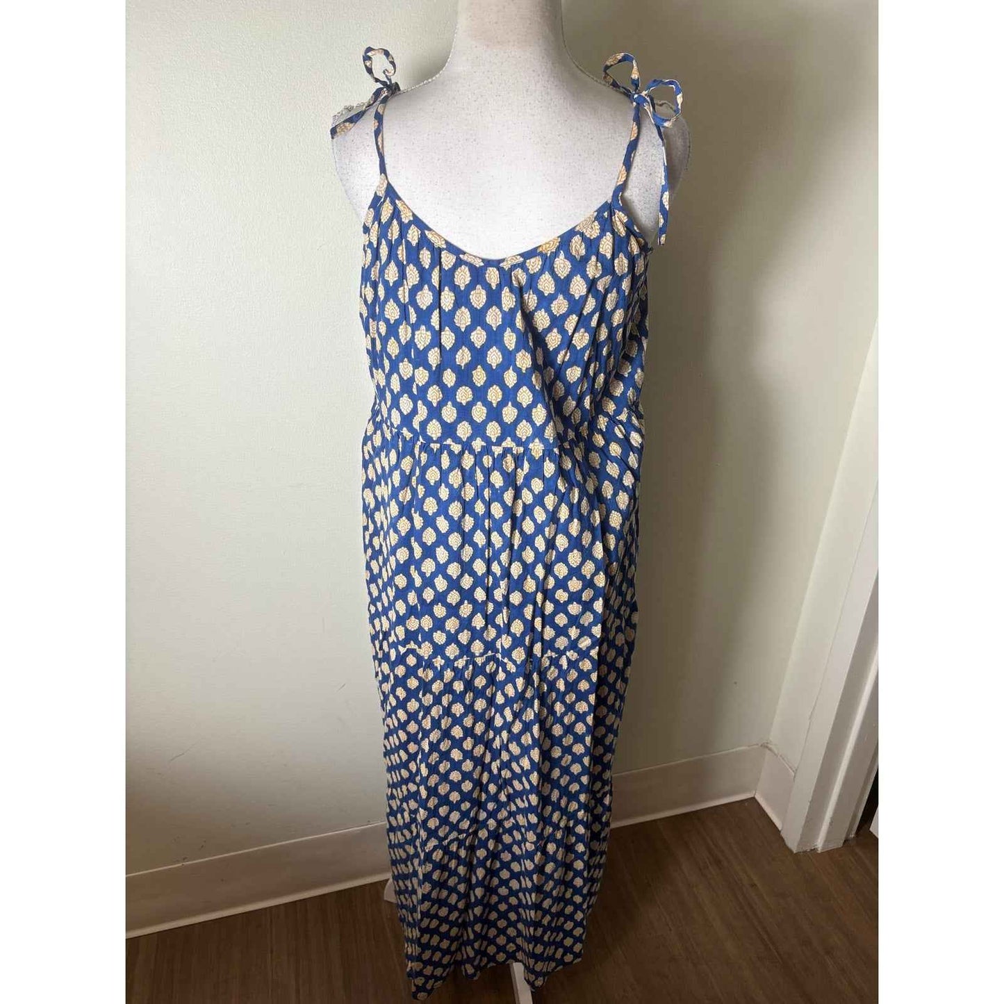 India Collection Blue Yellow Cotton Button UP Spaghetti Strap Maxi Dress Sz Xs/S