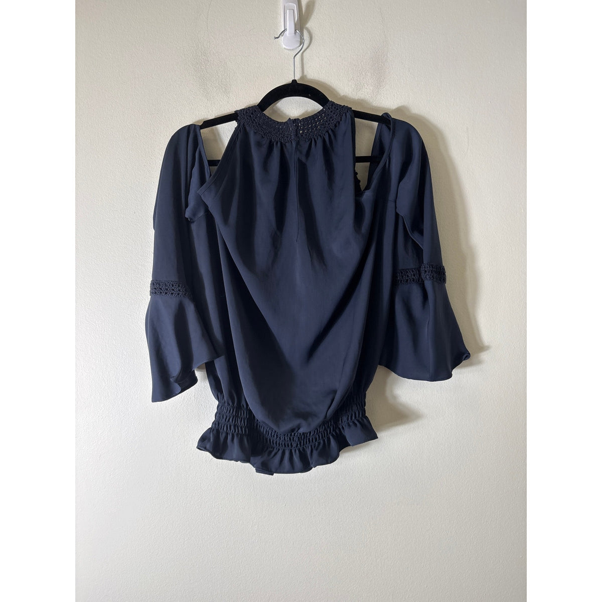 Ramy Brook Navy Blue Cold Shoulder Long Sleeve Crocheted Shirt Sz M