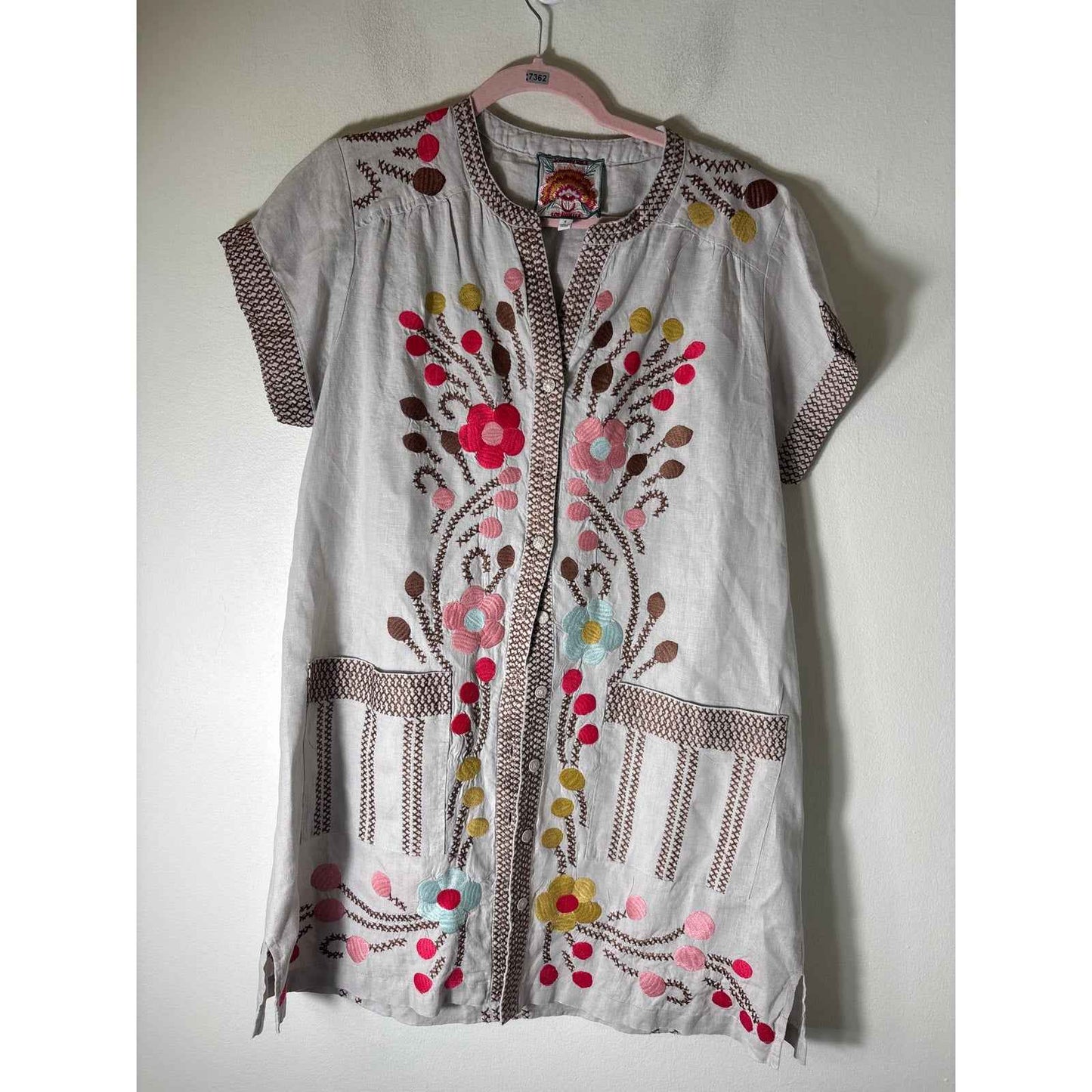 Johnny Was Gray Brown Floral Embroidered Short Sleeve Knee Length Dress Sz S