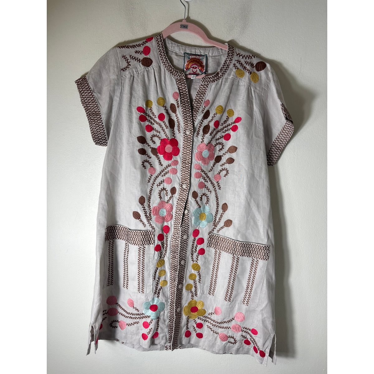 Johnny Was Gray Brown Floral Embroidered Short Sleeve Knee Length Dress Sz S