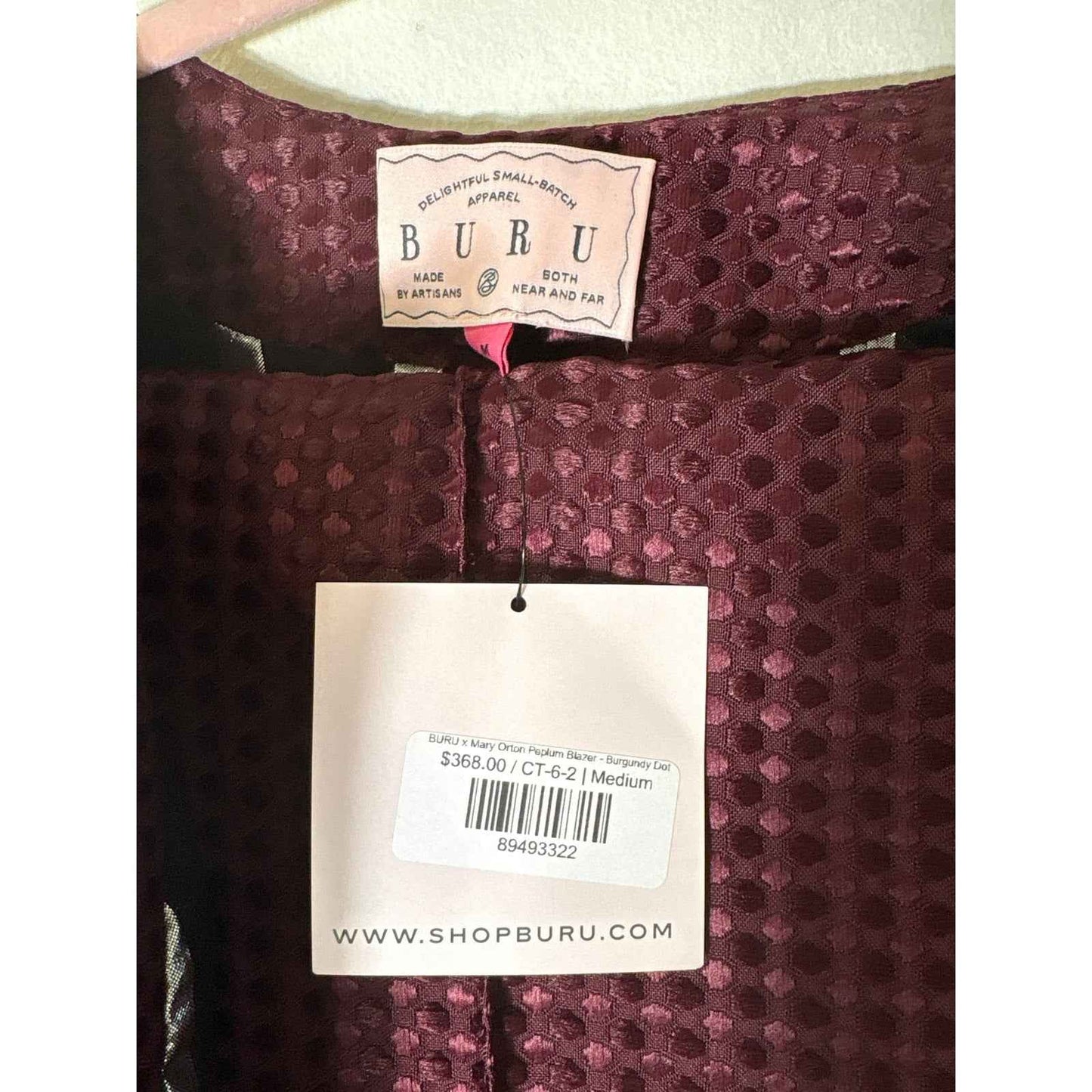 NWT BUru Burgundy Dot Pepblum Blazer and Pant Set Sz M