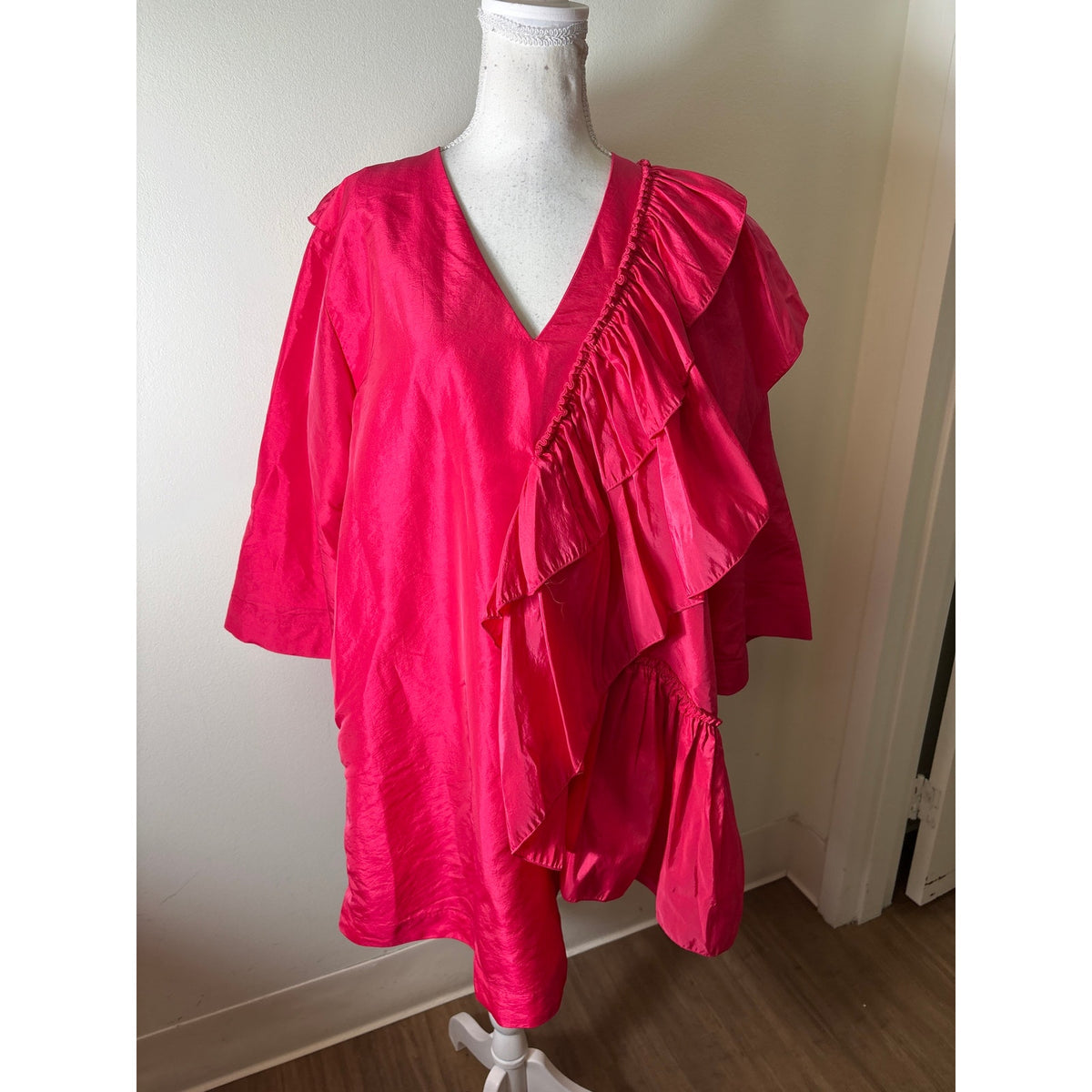Stine Goya Hot Pink Ruffle Shift Dress Sz M