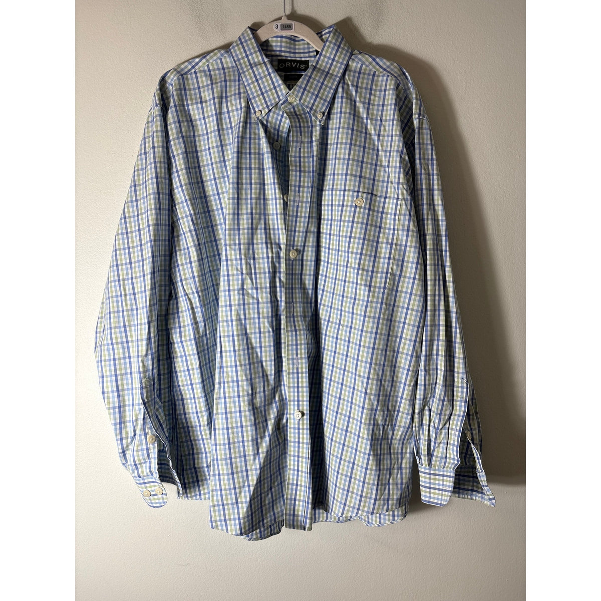Mens Orvis Trim Fit Blue and Green Plaid Long Sleeve Button Up Shirt Sz XXL