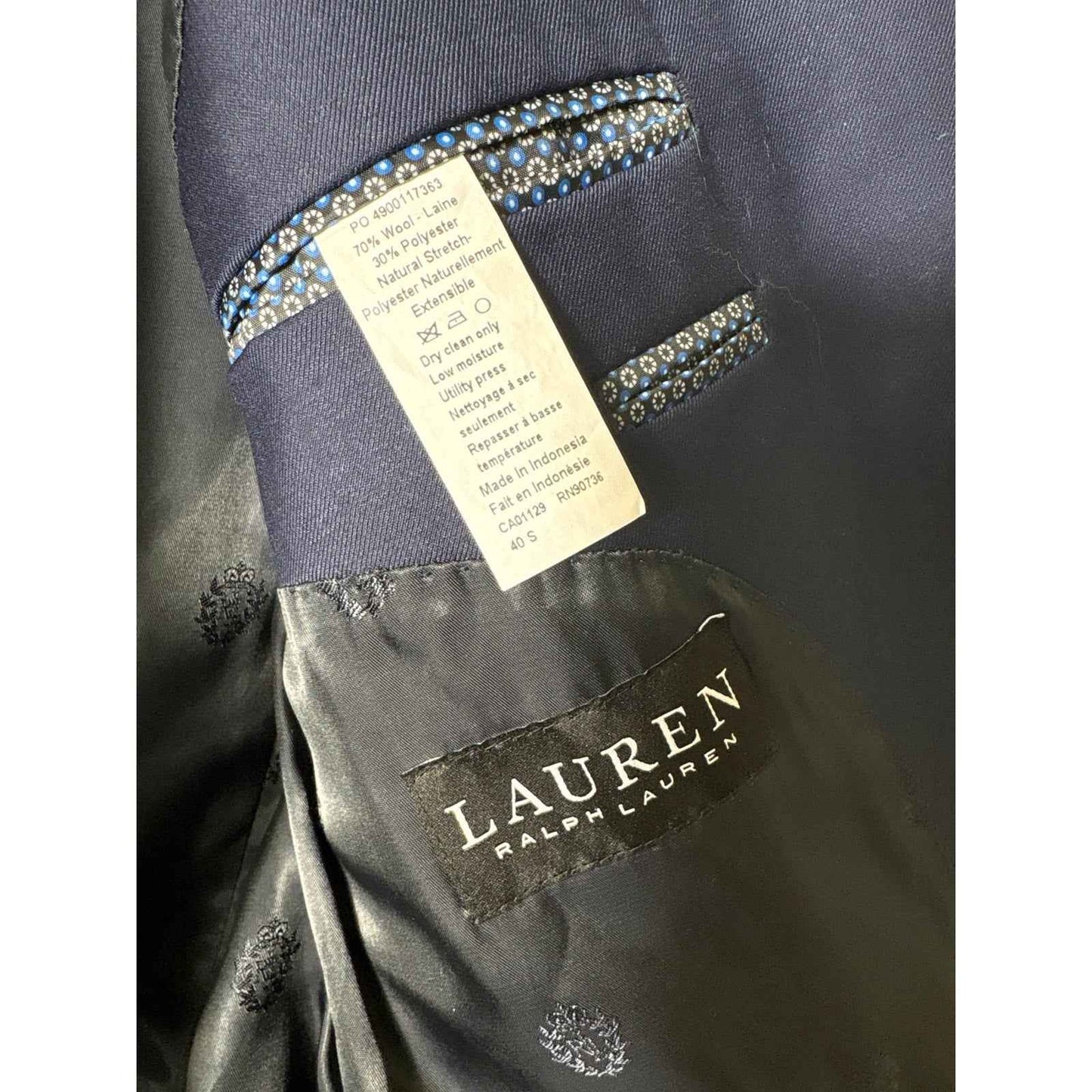 Mens Ralph Lauren Navy Blue Dress Suit: Jacket Sz 40S, 32x32