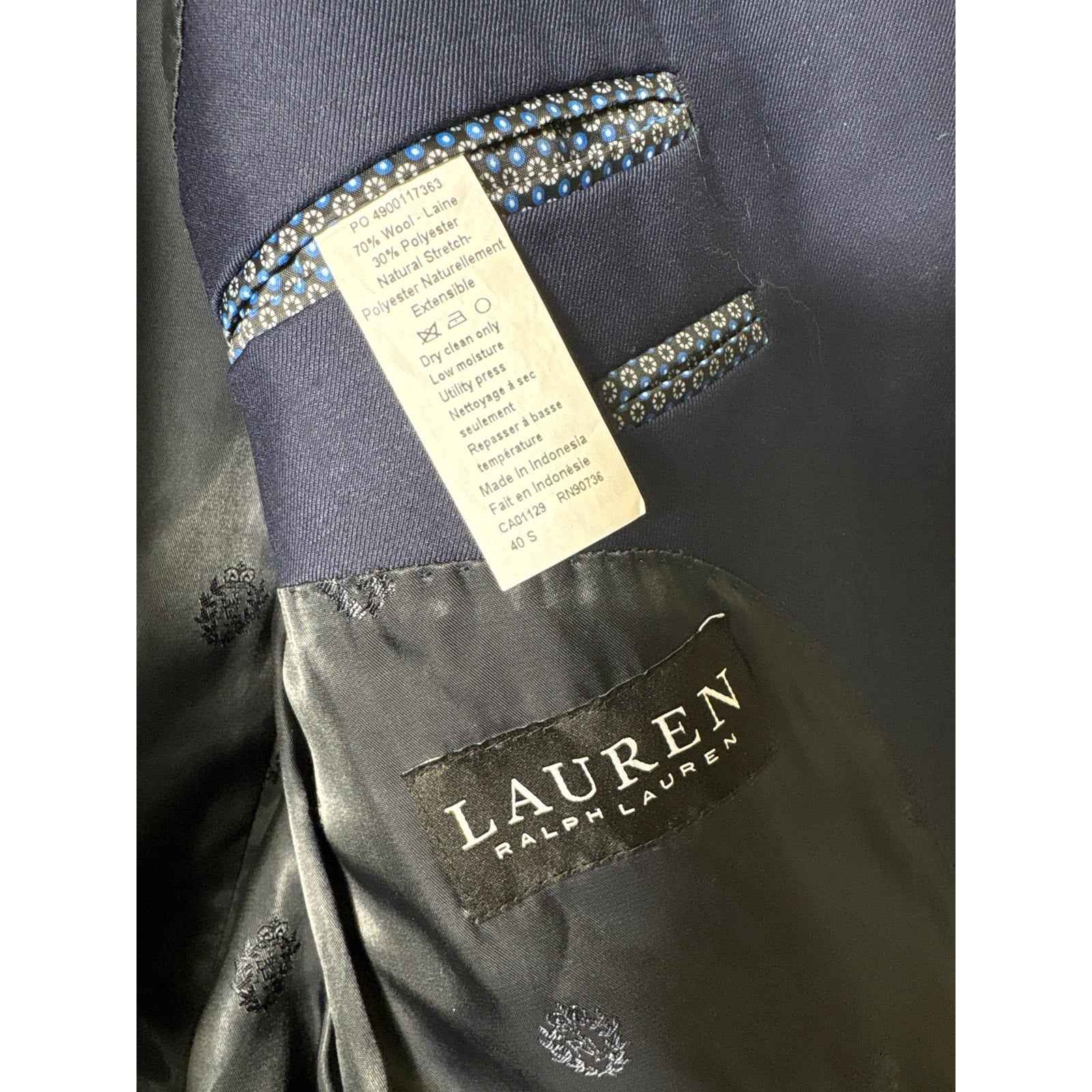 Mens Ralph Lauren Navy Blue Dress Suit: Jacket Sz 40S, 32x32