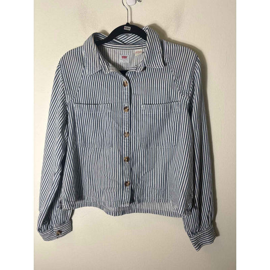 Levi's White and Blue Stripe Long Seeve Button Up Cotten Blend Shirt Sz M