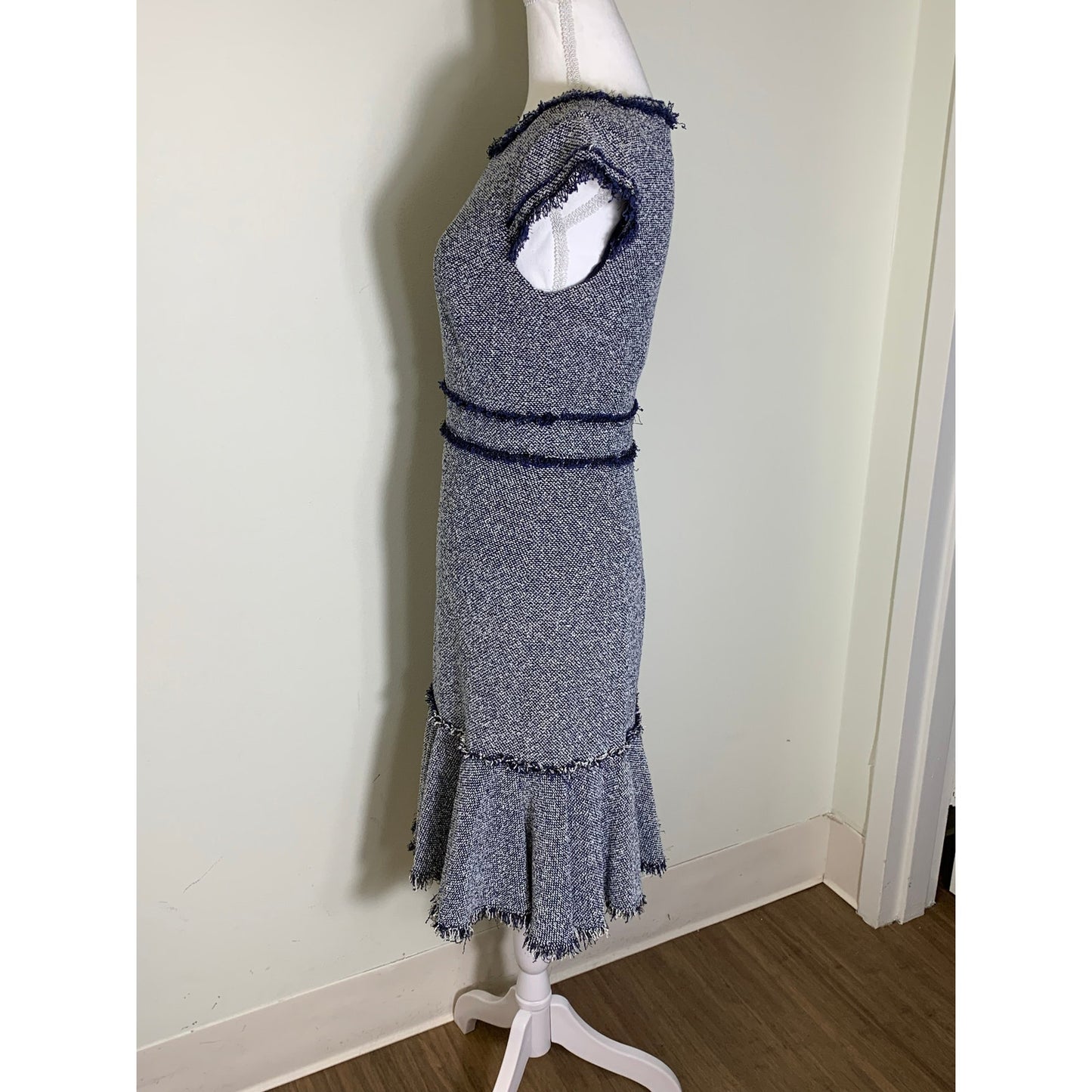 Rebecca Taylor Navy and White Tweed Cap Sleeve Midi Dress Sz 4