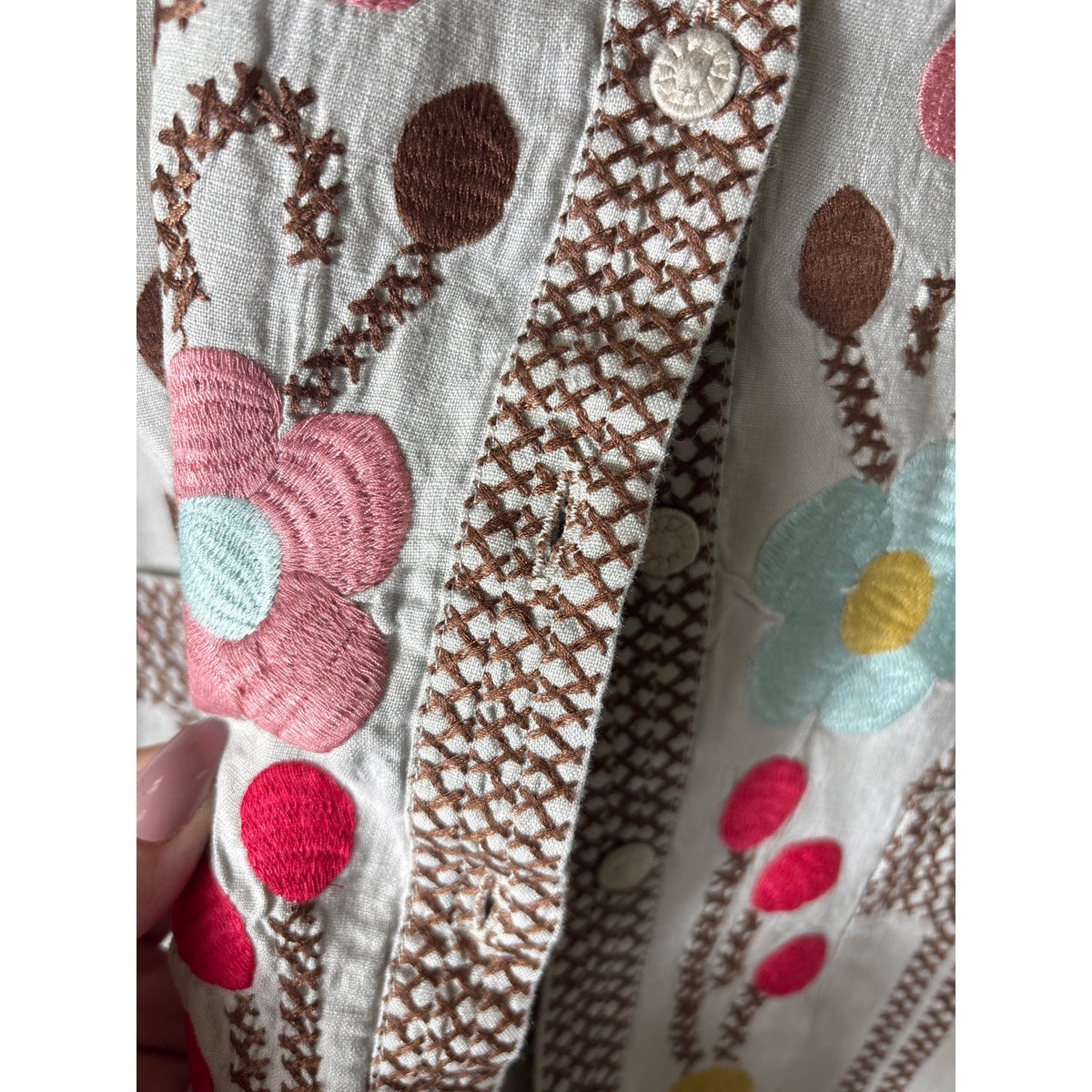 Johnny Was Gray Brown Floral Embroidered Short Sleeve Knee Length Dress Sz S