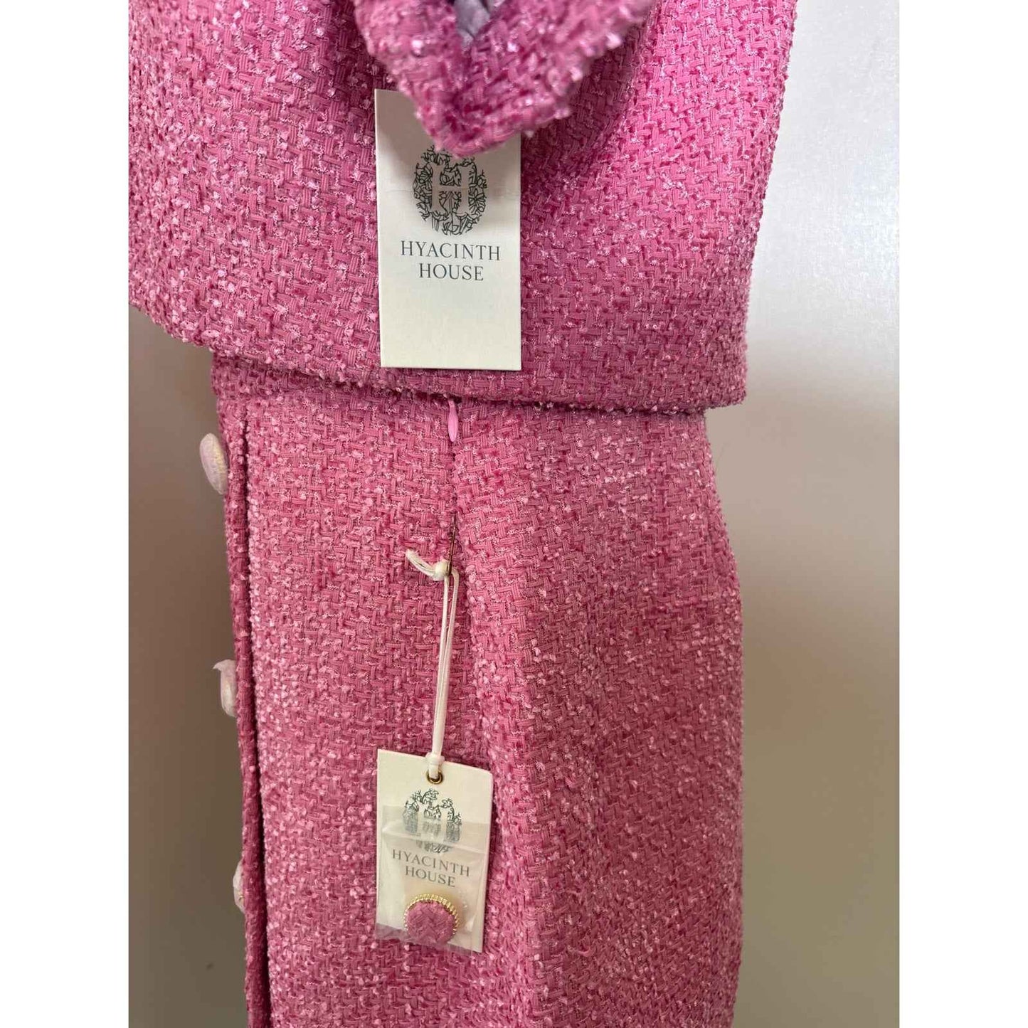 NWT Hyacinth House Berry Pink Tweed Half Puff Sleeve Skirt Suit Set Sz L